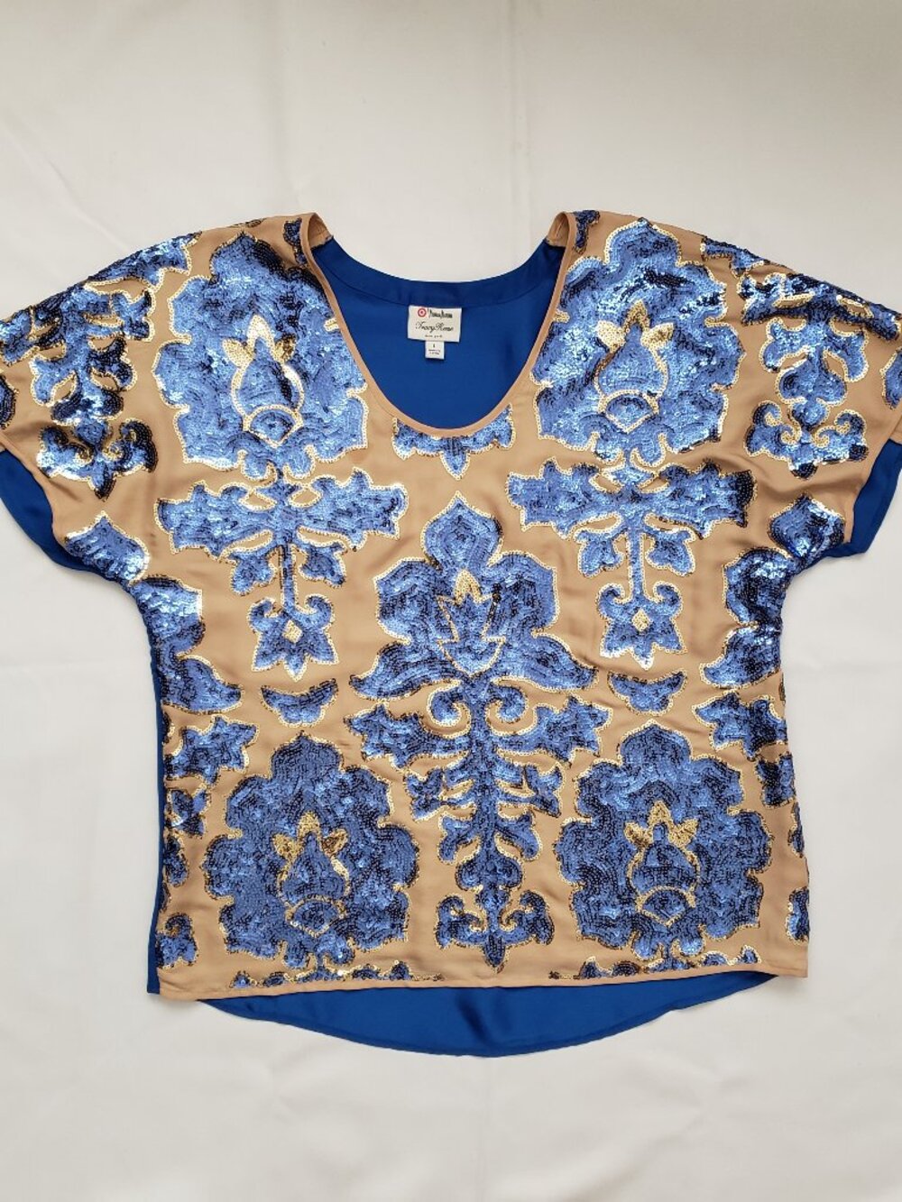 Neiman Marcus x Tracy Reese blue gold sequin dressy blouse size Large damask